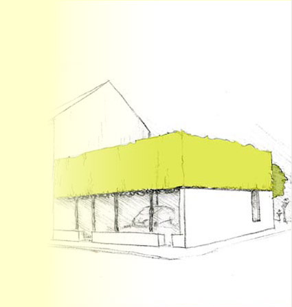 Skizze Außenmauerrelikte eines Hauses ergänzt mit Baumdach über neu angelegten PkW-Stellplätzen